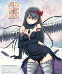  1girl akemi_homura akuma_homura bare_shoulders black_hair breasts character_name cleavage dated elbow_gloves feathers gloves head_tilt highres mahou_shoujo_madoka_magica mahou_shoujo_madoka_magica_movie marker_(medium) red_eyes ribbon solo thigh-highs thighs traditional_media watercolor_(medium) watercolor_pencil_(medium) window wings 