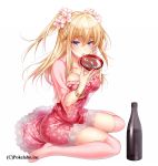  1girl akira_(natsumemo) alcohol blush bottle bracelet breasts cherry_blossoms cleavage dress flower hair_flower hair_ornament jewelry large_breasts long_hair looking_at_viewer open_mouth original over-kneehighs pink_legwear red_dress sakazuki sake simple_background sitting solo thigh-highs twintails wariza white_background 