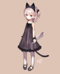  1girl :&lt; animal_ears bare_shoulders black_dress blood blood_on_face cat_ears cat_tail dress hibanar kaburi_chiko knife long_sleeves looking_at_viewer mary_janes original pantyhose red_eyes shoes short_hair side_ponytail silver_hair simple_background solo tail white_legwear 