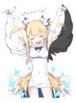  1girl arms_up black_wings blonde_hair breasts closed_eyes gloves maaru_(shironeko_project) open_mouth rei_no_himo senobi_(senoby) shironeko_project smile solo white_gloves white_wings wings 