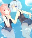  aoi_(pixiv2498037) blue_eyes blue_sky breasts cleavage dutch_angle highres hitodama holding_hands konpaku_youmu konpaku_youmu_(ghost) looking_at_viewer one-piece_swimsuit open_mouth partially_submerged pink_hair red_eyes saigyouji_yuyuko short_hair sky smile swimsuit touhou water wet white_hair 