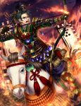  1boy arrow banner black_hair bow_(weapon) falseele fire gauntlets glasses gloves green_eyes hat highres horse japanese_clothes leaf open_mouth original ponytail sengoku_taisen solo weapon 