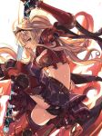  1girl armor armored_boots ass bangs belt black_legwear black_panties blonde_hair blue_eyes boots braid breasts cleavage crop_top eredhen frilled_skirt frills from_side gauntlets granblue_fantasy hair_ornament hairband holding holding_weapon light_particles long_hair looking_at_viewer midriff miniskirt navel one_leg_raised panties pantyshot pauldrons profile revision skirt solo sweat thigh-highs thigh_boots twintails underwear upskirt zeta_(granblue_fantasy) 