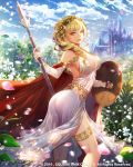  1girl 2016 ass blonde_hair braid breasts cape castle cleavage dated detached_sleeves dress eu_(euspia) flower green_eyes hair_flower hair_ornament hair_over_shoulder hairband large_breasts leaf long_hair looking_at_viewer lost_crusade official_art polearm shield side_slit single_braid smile solo spear thigh_strap weapon white_dress 