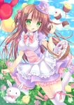  1girl :3 apron balloon basket bird blush bow bowtie breasts brown_hair buttons chestnut_mouth chick clouds cloudy_sky cupcake dress easter_egg flower food food_on_face frilled_dress frills green_eyes hair_between_eyes hair_bow hair_ornament hairclip hat hat_bow heart highres holding holding_food kohinata_hoshimi long_hair mini_hat mini_top_hat open_mouth original rabbit shoes short_sleeves sky sparkle standing_on_one_leg thigh-highs top_hat underbust wrist_cuffs 