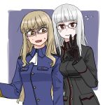  2girls :&gt; arm_around_back blonde_hair blush breast_envy buttons collared_shirt embarrassed glasses gloves grey_hair heidimarie_w_schnaufer leather leather_gloves long_hair looking_at_viewer military military_uniform multiple_girls nigatsu_(fevrali) open_mouth perrine_h_clostermann pocket red_eyes shirt simple_background smile strike_witches sweat sweatdrop uniform v wide-eyed yellow_eyes 