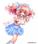  1girl akira_(natsumemo) ankle_cuffs black-framed_glasses blush bow breasts face_mask glasses hair_bow jewelry large_breasts long_hair looking_at_viewer mask necklace original pink_hair red_eyes simple_background skirt solo transparent_sleeves twintails white_background 