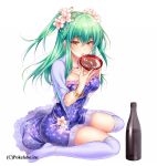  1girl akira_(natsumemo) alcohol blue_dress blue_legwear blush bottle bracelet breasts cherry_blossoms cleavage dress flower green_hair hair_flower hair_ornament jewelry large_breasts long_hair looking_at_viewer open_mouth original over-kneehighs sakazuki sake simple_background sitting solo thigh-highs twintails wariza white_background yellow_eyes 