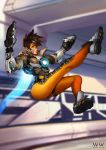  1girl absurdres boots breasts brown_hair goggles highres legs looking_at_viewer overwatch pants short_hair smile solo thighs tight tight_pants tracer_(overwatch) woon_ir_vin 