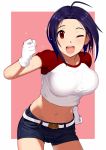  1girl ;d belt blue_hair blue_shorts blush border bouncing_breasts breasts clenched_hand contrapposto cowboy_shot denim denim_shorts flying_sweatdrops gloves hand_on_hip idolmaster large_breasts leaning_forward looking_at_viewer midriff miura_azusa navel one_eye_closed open_mouth pettan_p pink_background raglan_sleeves red_eyes round_teeth shirt short_hair short_shorts short_sleeves shorts simple_background smile solo standing stomach sweat sweatdrop t-shirt tareme teeth white_border white_gloves white_shirt 