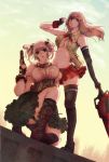  2girls alisa_ilinichina_amiella black_boots black_gloves black_legwear blue_eyes boots breasts cabbie_hat ciel_alencon clouds elbow_gloves fingerless_gloves gloves god_eater god_eater_2:_rage_burst gun handgun hat highres long_hair midriff multiple_girls pistol plaid plaid_skirt skirt sky suspender_skirt suspenders thigh-highs thigh_boots weapon 