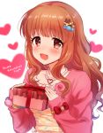  1girl :3 blue21 blush box brown_eyes brown_hair gift hair_ornament happy_valentine idolmaster idolmaster_cinderella_girls jewelry long_hair moroboshi_kirari necklace open_mouth smile solo 