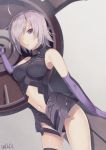  1girl :p ahoge armor artist_name ass_visible_through_thighs bangs black_legwear black_leotard blurry breasts cowboy_shot depth_of_field eyelashes fate/grand_order fate_(series) grey_background hair_over_one_eye holding_shield leotard looking_at_viewer navel one_eye_covered purple_gloves shield shielder_(fate/grand_order) short_hair signature silver_hair single_thighhigh sleeveless solo stomach swept_bangs thigh-highs tongue tongue_out turtleneck twitter_username violet_eyes you06 