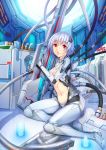  1girl absurdres bangs blue_hair blurry bodysuit breasts center_opening cleavage dated def_(chronowarld) depth_of_field eyebrows eyebrows_visible_through_hair gloves glowing gun highres holding looking_at_viewer looking_up machinery mecha_musume open_mouth original red_eyes silver_hair sitting solo stomach tube weapon yokozuwari 