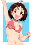  1girl :d antenna_hair arm_up armpits bare_shoulders blue_background blush border bouncing_breasts breasts brown_eyes brown_hair cleavage clenched_hand collarbone hidaka_ai idolmaster idolmaster_dearly_stars jumping midriff navel open_mouth pettan_p round_teeth short_hair simple_background small_breasts smile solo stomach sweat sweatdrop tareme teeth unaligned_breasts under_boob upper_body white_border 