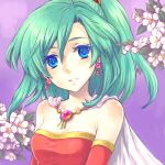  1girl blue_eyes breasts cape cleavage detached_sleeves dress earrings final_fantasy final_fantasy_vi green_hair jewelry long_hair ponytail ribbon saikachi_(ogre_tree) solo strapless strapless_dress tina_branford 