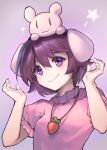  1girl ainy77 animal animal_ears animal_on_head artist_name blush blush_stickers carrot dress gradient gradient_background inaba_tewi jewelry lavender_background looking_at_viewer necklace pink_dress puffy_sleeves purple_hair rabbit rabbit_ears short_hair short_sleeves sparkle touhou turtleneck upper_body 
