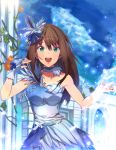  1girl :d blue_dress blush brown_hair dress earrings erere feathers glowing green_eyes hair_feathers hair_ornament idolmaster idolmaster_cinderella_girls jewelry long_hair looking_at_viewer open_mouth shibuya_rin smile solo 