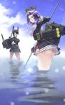  2girls ass breasts clouds eyepatch fingerless_gloves from_behind fumako glaive gloves hair_intakes headgear highres kantai_collection mechanical_halo multiple_girls no_legwear no_panties outdoors partially_submerged partly_fingerless_gloves polearm purple_hair school_uniform short_hair skirt sky tatsuta_(kantai_collection) tenryuu_(kantai_collection) upskirt violet_eyes water weapon yellow_eyes 