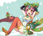  1girl armpits blush boots breasts brooch cameo_(p&amp;d) cape circlet cleavage covered_navel covering_head crown dated frog frog_eyes gem gloves green_gloves high_heel_boots high_heels highres hood jewelry kozakura_(dictionary) leotard open_mouth orange_eyes puzzle_&amp;_dragons short_hair sitting solo speech_bubble thigh-highs thigh_boots violet_eyes waist_cape water_drop 