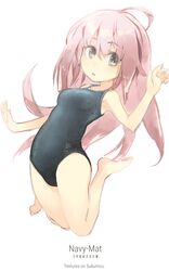  1girl ahoge barefoot blush brown_eyes highres jumping konno_takashi_(frontier_pub) long_hair looking_at_viewer one-piece_swimsuit open_mouth original pink_hair school_swimsuit solo swimsuit 