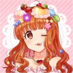  1girl :3 :p bare_shoulders blue21 blush brown_eyes brown_hair candy cookie flower food food_as_clothes food_themed_clothes fruit hair_flower hair_ornament icing idolmaster idolmaster_cinderella_girls jewelry long_hair looking_at_viewer macaron moroboshi_kirari necklace one_eye_closed pudding smile solo star_hair_ornament strawberry tongue tongue_out 