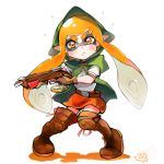  1girl belt boots bow_(weapon) compass cosplay crossbow domino_mask female hood inkling knees_together_feet_apart linkle linkle_(cosplay) long_hair mask miniskirt orange_eyes orange_hair pointy_ears shirt skirt solo splatoon tentacle_hair the_legend_of_zelda thigh-highs thigh_boots weapon zelda_musou 