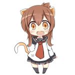  1girl anchor_symbol animal_ears black_legwear blush brown_eyes brown_hair cat_ears cat_tail chibi commentary_request folded_ponytail inazuma_(kantai_collection) kantai_collection kemonomimi_mode kneehighs looking_at_viewer neckerchief open_mouth pleated_skirt school_uniform serafuku skirt sleeves_past_wrists smile standing tail yuu_(togishi_kanata) 