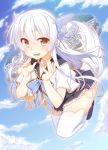  1girl blue_sky brown_eyes clouds fang floating_city hair_ribbon horns long_hair looking_at_viewer mf_bunko neckerchief open_mouth original pleated_skirt racer_(magnet) ribbon school_uniform serafuku shirt silver_hair skirt sky smile solo tail thigh-highs thighs very_long_hair white_legwear zettai_ryouiki 