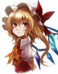  1girl ascot blonde_hair crystal expressionless flandre_scarlet hat hat_ribbon highres looking_at_viewer maho_moco mob_cap portrait puffy_sleeves red_eyes ribbon shirt short_sleeves side_ponytail simple_background solo touhou vest white_background wings 