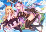  2girls :d bare_shoulders bat_wings black_gloves blonde_hair blue_eyes blush braid breasts commentary_request demon_horns elbow_gloves fangs frilled_skirt frills gloves granblue_fantasy hair_ornament hair_over_one_eye head_wings highres holding_hands horns large_breasts lavender_hair long_hair long_sleeves looking_at_viewer multiple_girls narumeia_(granblue_fantasy) open_mouth outstretched_arm outstretched_hand pointy_ears red_eyes shennai_misha shirt single_thighhigh skirt smile thigh-highs vampire vampy wings 