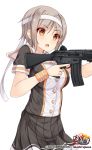  1girl assault_rifle brown_eyes brown_hair buttons gun headband holding holding_gun holding_weapon howa_type_89 logo military open_mouth original rifle school_uniform shirt short_hair short_sleeves shuuichi simple_background skirt solo tareme trigger_discipline uniform weapon white_background 