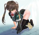 1girl all_fours animal arched_back arm_support ass black_boots black_gloves blush boots bow bowtie brown_fur brown_hair buttons cat gloves green_eyes green_shirt groin hair_ribbon kantai_collection knee_boots loincloth long_hair looking_down looking_to_the_side no_panties paws pointy_ears poking red_bow red_bowtie ribbon shirt short_sleeves shoulder_pads single_glove size_difference solo stone_floor thighs tone_(kantai_collection) white_ribbon yamako777 
