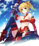  1girl armor bikini_armor blonde_hair braid fate/apocrypha fate/grand_order fate_(series) green_eyes is_ii midriff navel ponytail saber_of_red shorts sitting solo sword thigh-highs weapon 