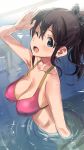  1girl ;d arm_at_side arm_up armpits ass bare_shoulders bathing bikini bikini_top black_bow blush bow breasts brown_hair cleavage collarbone covered_nipples from_side h@ll hair_bow idolmaster idolmaster_million_live! large_breasts long_hair looking_at_viewer looking_to_the_side one_eye_closed open_mouth pink_bikini polka_dot polka_dot_bow ponytail pool ribbon salute satake_minako side-tie_bikini sidelocks smile solo swimsuit tareme water yellow_ribbon 