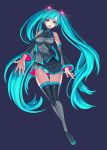  1girl :o absurdres aqua_hair arms_at_sides bare_shoulders black_boots black_shirt black_skirt boots breasts collar collared_shirt colored_eyelashes detached_sleeves doyoom full_body glowing green_eyes groin hatsune_miku headgear highres horizontal_stripes legs_together long_hair long_sleeves looking_at_viewer open_hand open_mouth panties pantyshot pleated_skirt purple_background shirt simple_background skirt sleeveless sleeveless_shirt solo spread_fingers striped striped_panties thigh-highs thigh_boots thigh_gap thighs twintails underwear very_long_hair vocaloid 