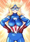  1girl belt blonde_hair blue_eyes bodysuit breasts captain_america female genderswap glasses gloves hands_on_hips lipstick long_hair makeup marvel mtf skin_tight smile solo star star-shaped_pupils steve_rogers superhero symbol-shaped_pupils ueyama_michirou 