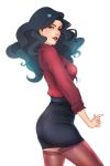  1girl asami_sato ass avatar:_the_last_airbender black_hair breasts earrings formal green_eyes highres jewelry light_smile lips long_hair parted_lips simple_background skirt solo superboin the_legend_of_korra thigh-highs white_background 