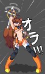  1girl animal_ears average-hanzo black_legwear blazblue boots breasts brown_eyes brown_hair clenched_hands commentary dual_wielding emphasis_lines fingerless_gloves full_body gloves highleg highleg_panties highres knee_boots large_breasts makoto_nanaya miniskirt navel orange_skirt panties punching short_hair side_slit skirt solo squirrel_ears squirrel_tail tail thigh-highs toned tonfa under_boob underwear uppercut weapon zettai_ryouiki 