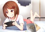  1girl :q ass bag_of_chips barefoot bed bed_sheet black_jacket black_skirt blush brown_hair chips collarbone crossed_legs feet_up hair_between_eyes hair_ornament hairclip handheld_game_console holding indoors jacket jacket_removed kisaragi_yuki_(sora_saki) kneepits lying on_bed on_stomach original pillow pink_shorts playing_games room shirt short_hair short_sleeves shorts skirt skirt_removed solo t-shirt toe_scrunch toes tongue tongue_out tsurime white_shirt 