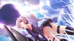  1girl :o armor ass bare_shoulders clouds elbow_gloves fate/grand_order fate_(series) gloves grass hair_over_one_eye highres looking_back pink_hair shield shielder_(fate/grand_order) short_hair sky solo thigh-highs thigh_strap violet_eyes yoco_n02 