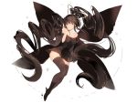  1girl :d bangs bare_shoulders black_boots black_dress black_hair black_legwear black_wings blunt_bangs blush boots breasts butterfly_hair_ornament butterfly_wings cleavage collarbone copyright_request dress drill_hair full_body hair_ornament hair_ribbon hand_on_own_cheek hand_up knee_boots large_wings long_hair lp_(hamasa00) off-shoulder_dress off_shoulder open_mouth ribbon short_sleeves sidelocks simple_background smile solo thigh-highs thighs twin_drills twintails very_long_hair white_background wide_sleeves wings yellow_ribbon zettai_ryouiki 