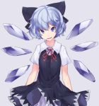  1girl :d arms_at_sides black_bow black_dress bloomers blue_eyes blue_hair bow cirno collared_shirt cowboy_shot detached_wings dress eyebrows eyebrows_visible_through_hair hair_bow head_tilt highres ice ice_wings looking_at_viewer open_mouth red_ribbon ribbon shirt short_hair short_sleeves smile solo standing touhou tsurime underwear upskirt white_shirt wind wind_lift wings yuusei_tsukiro 