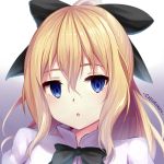  1girl :o artist_name black_bow black_bowtie blind blonde_hair blue_eyes blush bow bowtie chiiririn expressionless hair_between_eyes hair_ribbon jitome katawa_shoujo long_hair mouth open_mouth parted_lips ribbon satou_lilly school_uniform sidelocks solo very_long_hair 