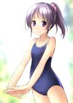  1girl competition_school_swimsuit hair_ornament hair_scrunchie hands_together long_hair one-piece_swimsuit original polka_dot_scrunchie ponytail purple_hair school_swimsuit scrunchie smile solo swimsuit violet_eyes 