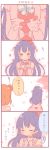  2girls 4koma alternate_hairstyle bangs blue_hair bokutachi_wa_hitotsu_no_hikari brown_eyes catching cherry_blossoms choker clenched_hands comic dress elbow_gloves flower gloves hair_bun hair_flower hair_ornament hands_on_own_chest kousaka_honoka long_hair love_live!_school_idol_project multiple_girls open_hands orange_hair petals pink_gloves smile sonoda_umi translated u_u ususa70 