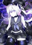  1girl amputee bangs black_gloves collar collarbone cuffs destroyer_hime gloves hair_between_eyes kantai_collection long_hair midriff navel pale_skin rui_shi_(rayze_ray) sailor_collar shinkaisei-kan side_ponytail sitting solo violet_eyes white_hair 