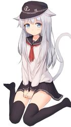  1girl animal_ears bangs black_legwear black_skirt cat_ears cat_tail eyebrows eyebrows_visible_through_hair flat_cap grey_eyes hat hibiki_(kantai_collection) highres kantai_collection kemonomimi_mode long_hair long_sleeves looking_at_viewer neckerchief sailor_collar school_uniform serafuku shone silver_hair simple_background sitting skirt solo tail thigh-highs v_arms wariza white_background 