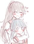  0_0 2girls :&gt; bare_shoulders black_hair blush brown_hair heart height_difference houshou_(kantai_collection) hug hug_from_behind kantai_collection kvlen multiple_girls open_mouth ponytail sketch smile yamato_(kantai_collection) 