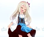  1girl alternate_costume blonde_hair closed_eyes dirndl dress dress_lift german_clothes highres kantai_collection long_hair ohshit open_mouth ro-500_(kantai_collection) 